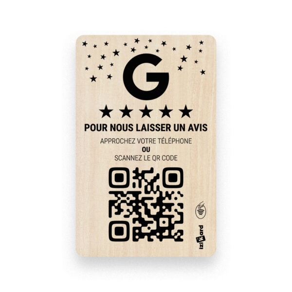 Carte NFC Bois Avis Google avec QR Code en bois type bambou