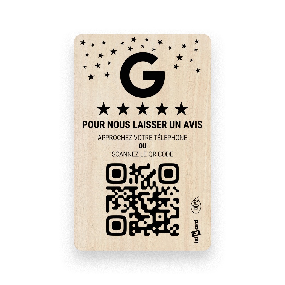 Carte NFC Bois Avis Google avec QR Code en bois type bambou